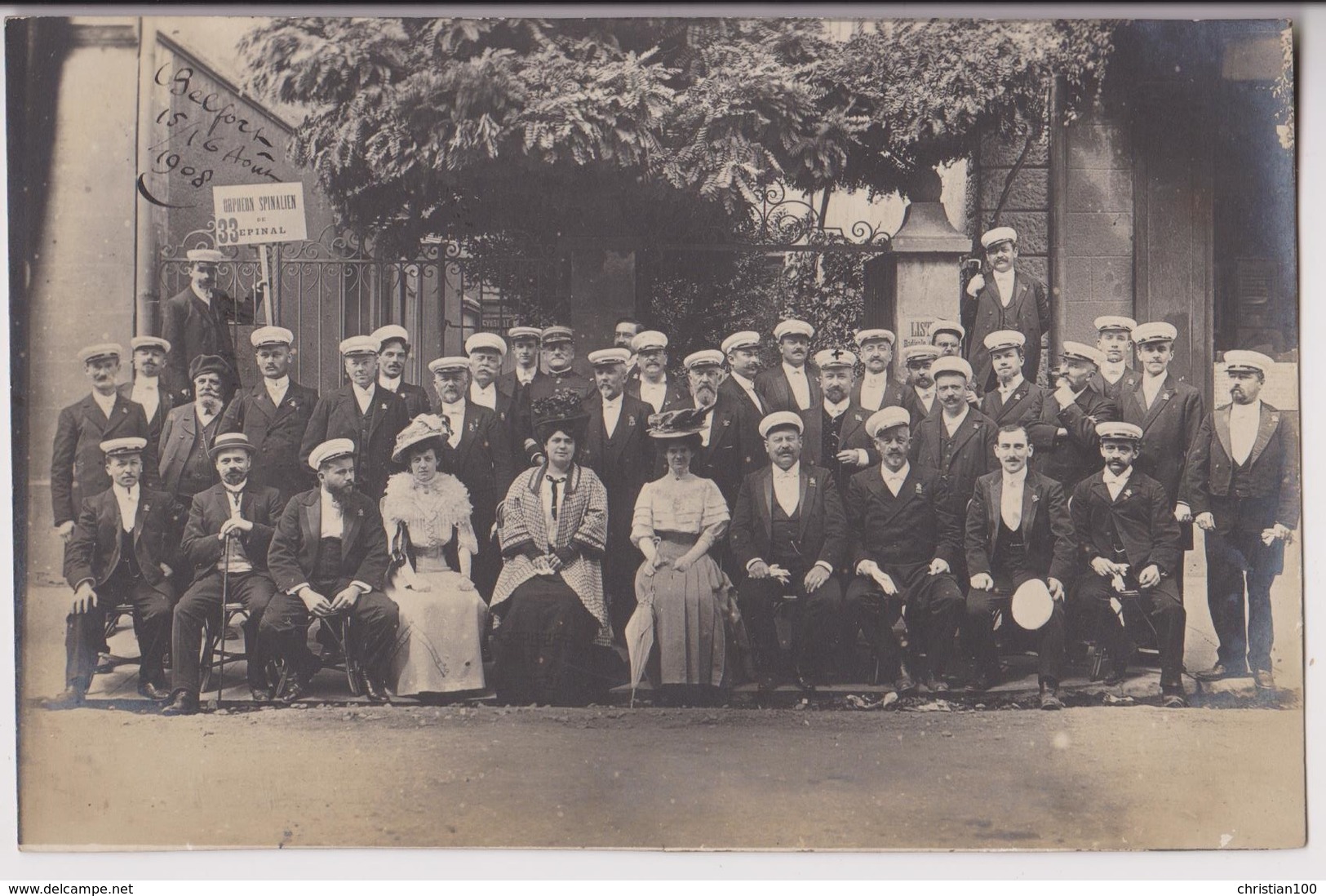 CARTE PHOTO DE LA CHORALE " ORPHEON SPINALIEN " D'EPINAL (88) - CONCOURS MUSICAL A BELFORT - ECRITE EN 1909 - 2 SCANS - - Epinal