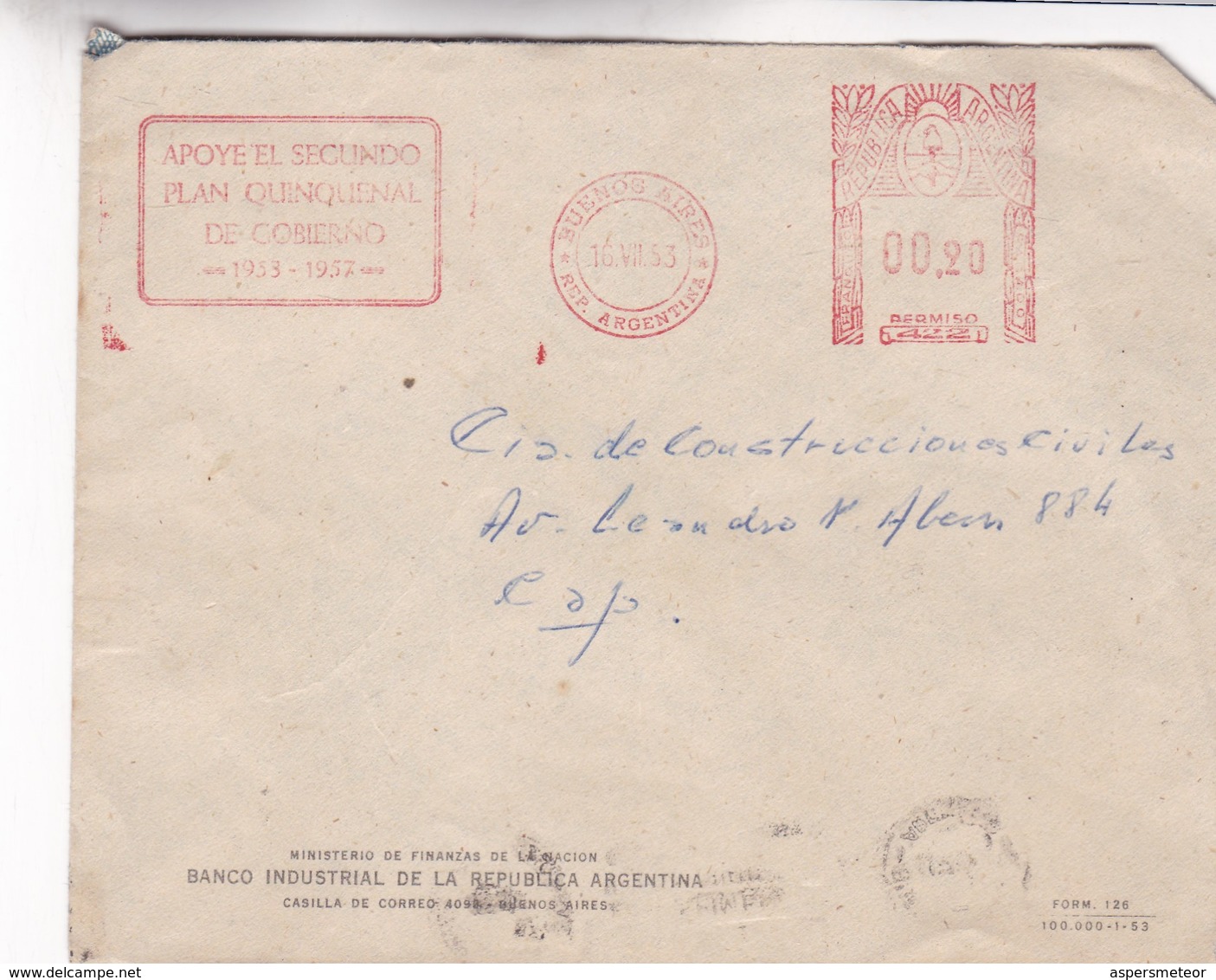 1953 COMMERCIAL COVER- BANCO INDUSTRIAL DE LA REPUBLICA ARGENTINA. CIRCULEE, FRANKING MACHINE - BLEUP - Briefe U. Dokumente