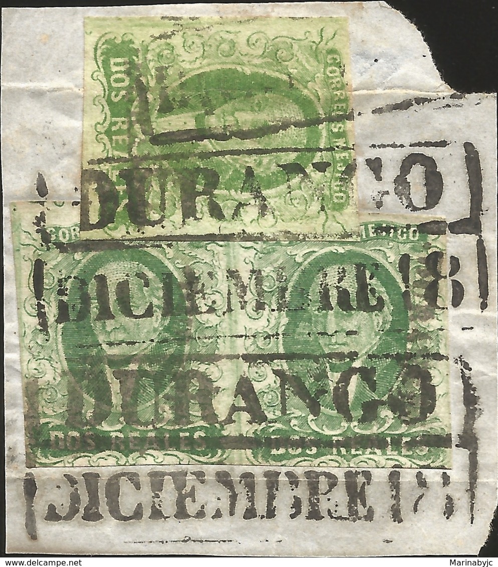 J) 1856 MEXICO, HIDALGO, FRAGMENT OF LETTER, 2 REALES GREEN, MULTIPLE STAMPS, DURANGO DISTRICT, BLACK BOX CANCELLATION, - Mexico