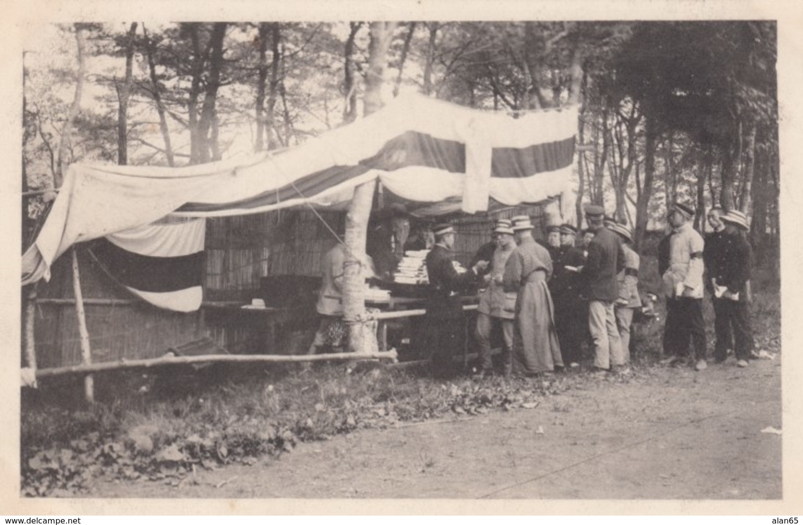 Japan Unknown Location, Soldiers And Men Gather Near Tent(?) Books(?) , C1910s Vintage Postcard - Other & Unclassified