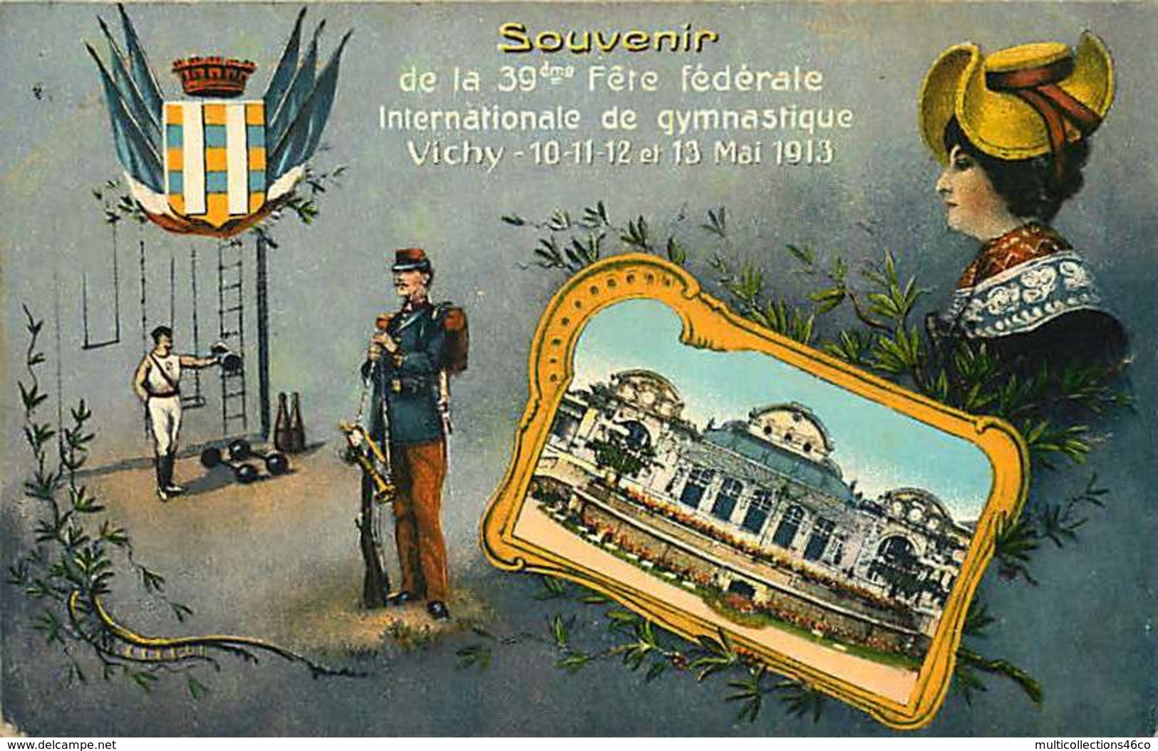 #260619 - SPORT GYMNASTIQUE Souvenir De La 39e Fête Fédérale Internationale De Gymnastique VICHY 1913 Folklore Chapeau - Gymnastique