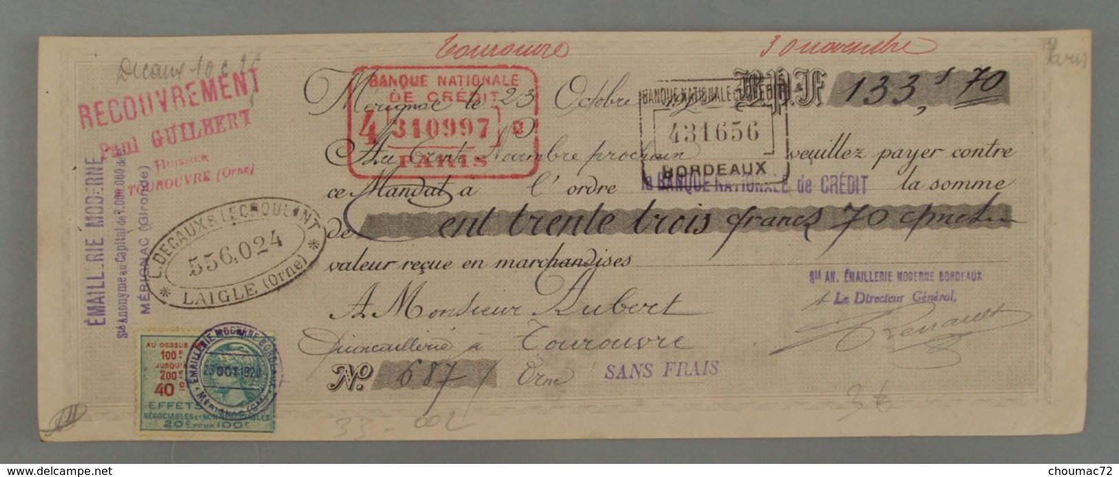 Lettre De Change 33 002, Mandat Gironde, Mérignac - Emaillerie Moderne, Timbre Fiscal - Lettres De Change