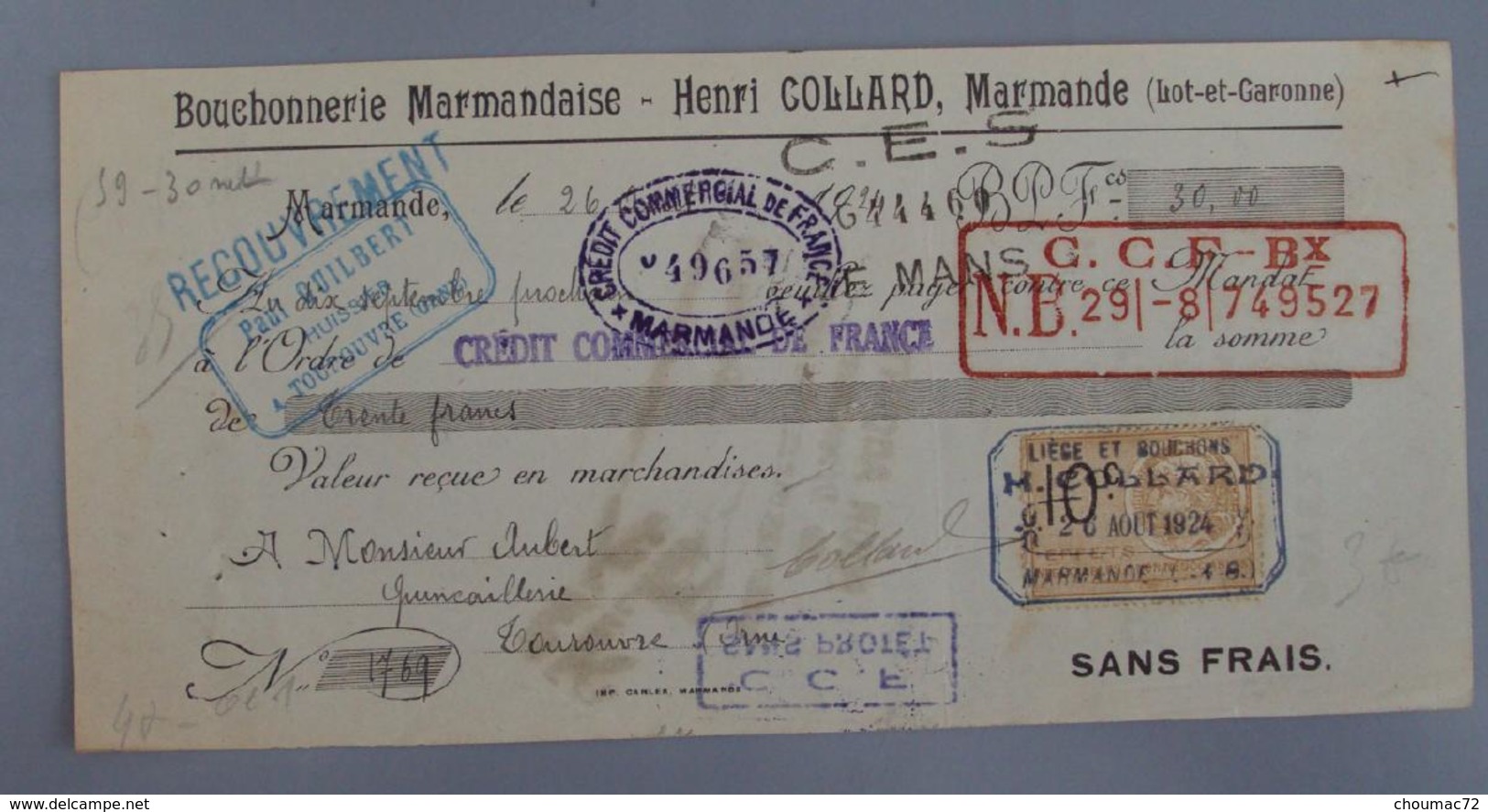 Lettre De Change 47 001, Mandat Lot Et Garonne - Marmande - Bouchonnerie Marmandaise, Timbre Fiscal - Bills Of Exchange