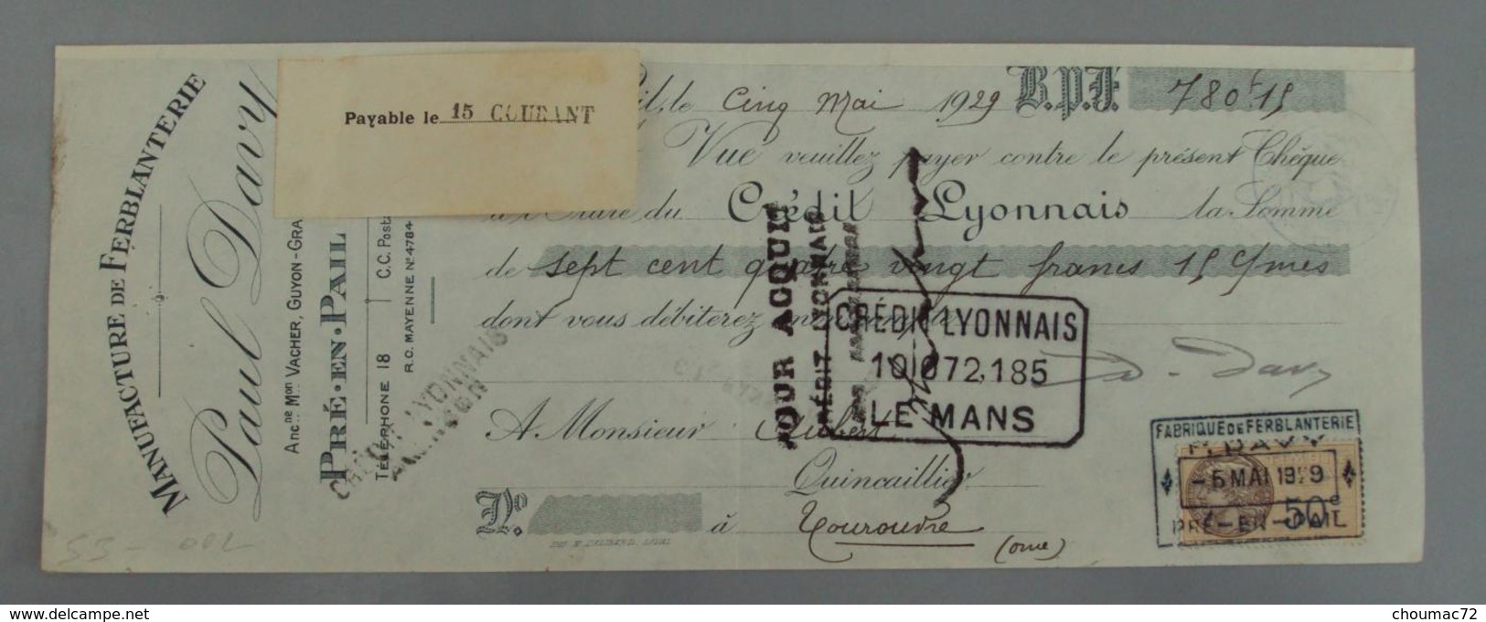 Lettre De Change 53 002, Mandat Mayenne - Pré En Pail - Paul Davy Ferblanterie, Timbre Fiscal - Bills Of Exchange