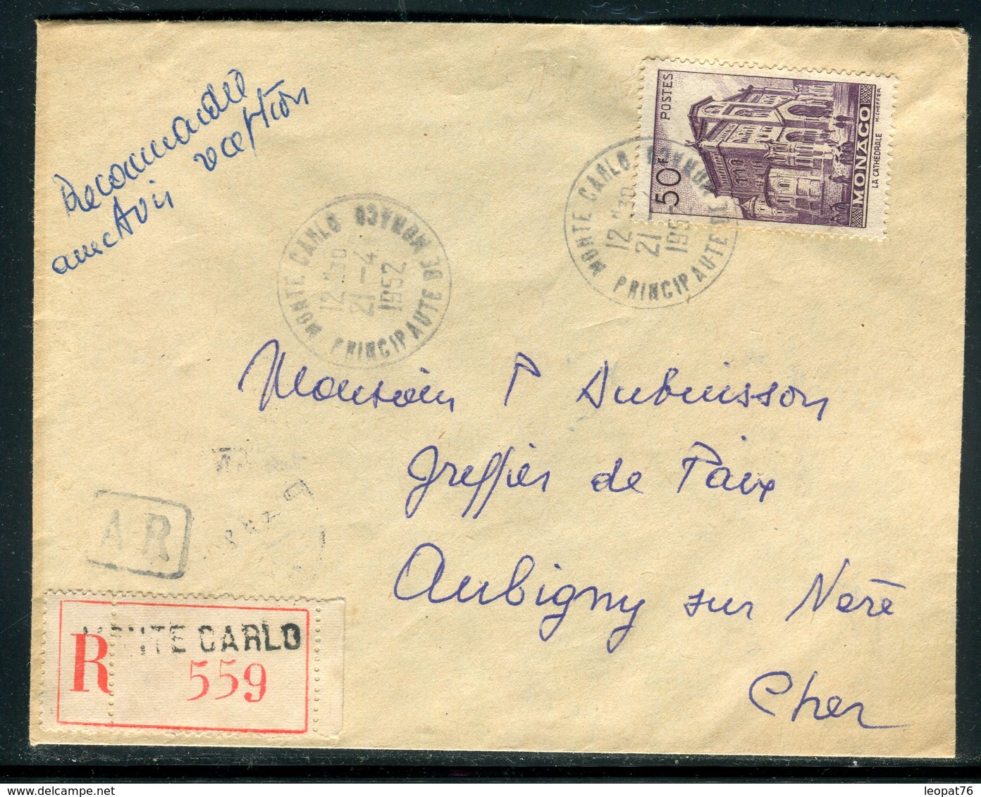Monaco - Enveloppe En Recommandé AR Pour La France En 1952 , Affranchissement Plaisant -  Réf J88 - Lettres & Documents