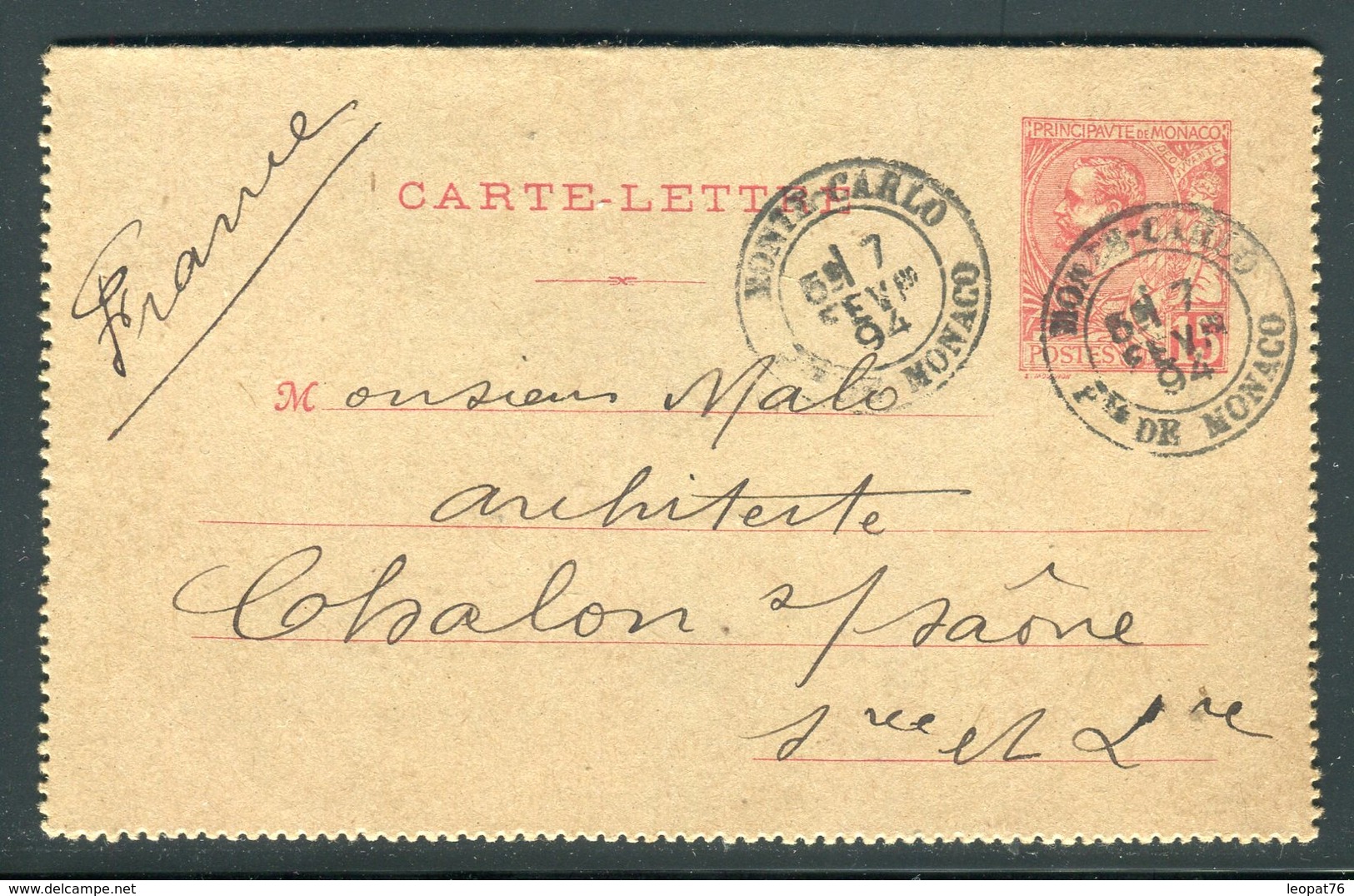 Monaco - Entier Postal ( Carte Lettre ) Pour La France En 1894 -  Réf J89 - Interi Postali