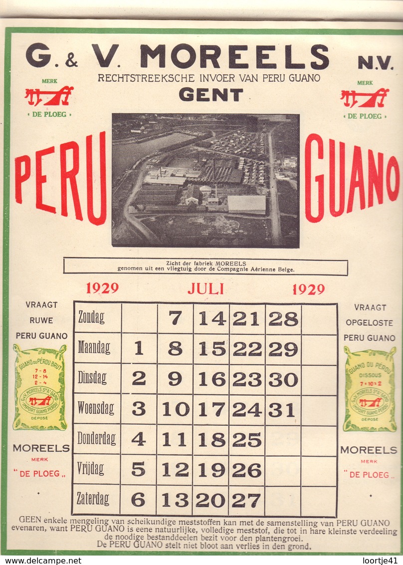 Kalender 1929 - Pub Reclame - G & V. Moreels - Peru Guano Gent - - Grand Format : 1921-40