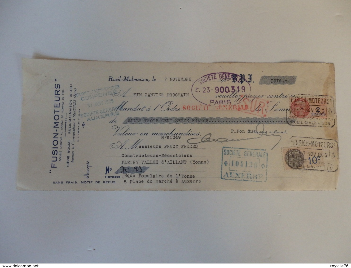 Traite "Fusion-Moteurs" à Rueil-Malmaison (92). - Bills Of Exchange