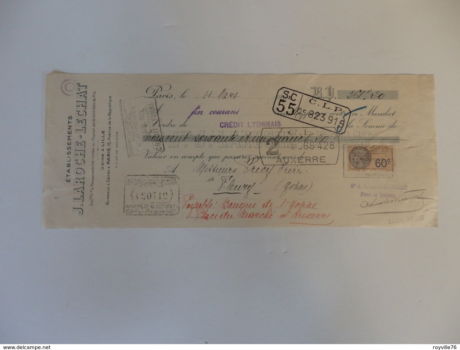 Traite Ets J. Laroche-Lechat à Paris (75). - Bills Of Exchange