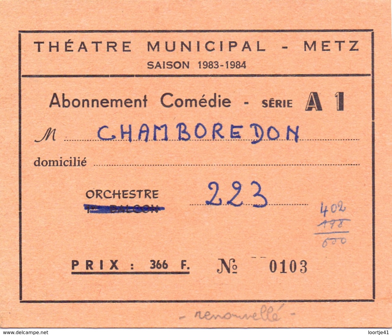 Caret D'entrée - Ingangskaart - Abonnement - Théatre Municipal Metz - Saison 1983 - 1984 - Tickets D'entrée