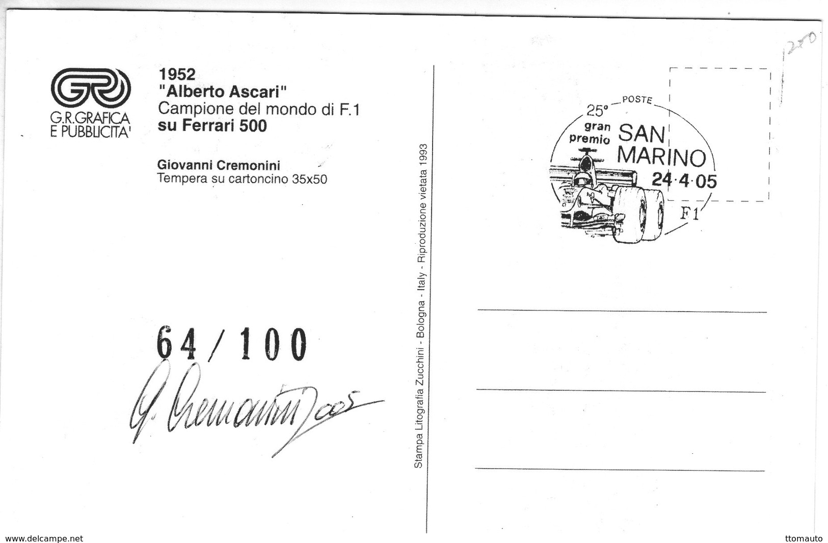 Alberto Ascari - Ferrari 500 - Artiste:Giovanni Cremonini - San Marino Maxi Carte   - Premier Jour/FDC - Auto's