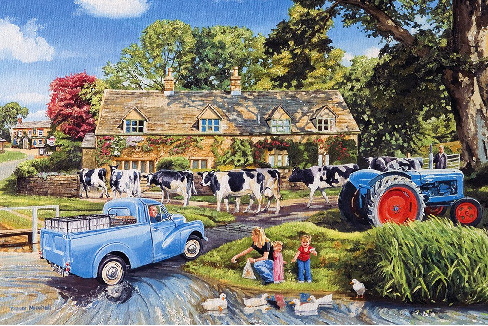 №163.72 Postcard Modern New Rare People Summer Kids Feed The Geese Milk Farm Blue Car - Contemporain (à Partir De 1950)