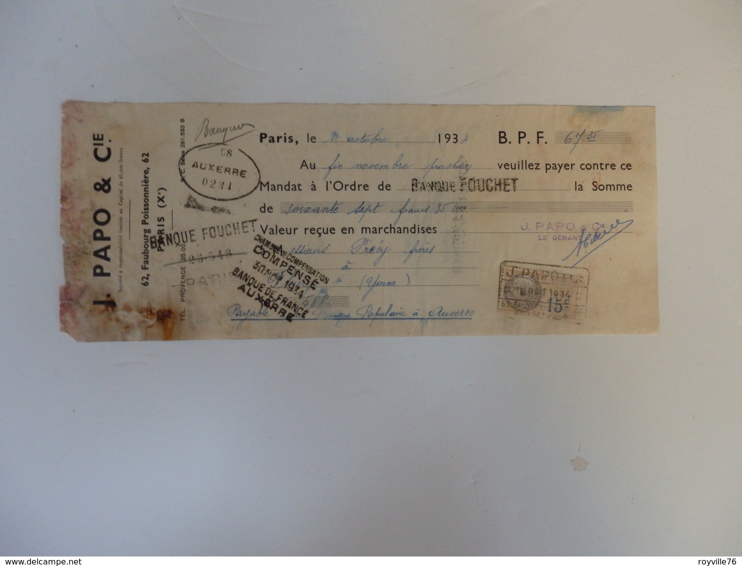 Traite J. Papo & Cie 62, Faubourg Poissonnière à Paris (75). - Bills Of Exchange