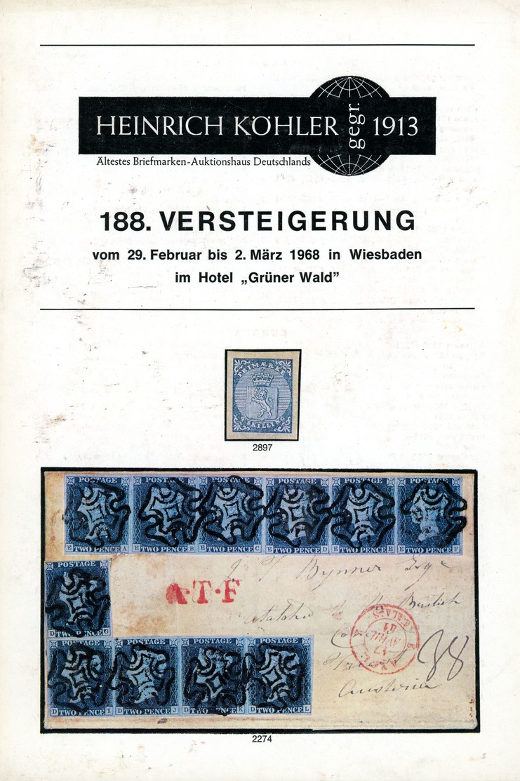 188. Köhler Briefmarken Auktion 1968 - Auktionskatalog Mit Den Bildtafeln - Auktionskataloge