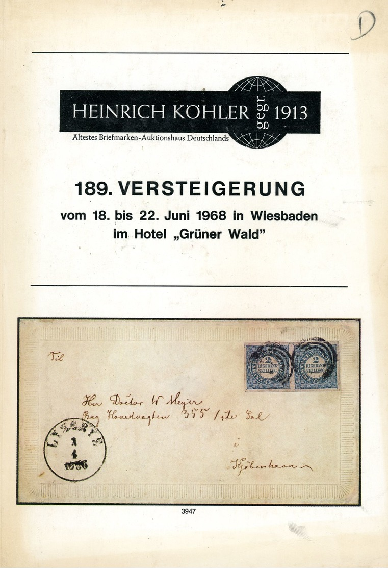 189. Köhler Briefmarken Auktion 1968 - Auktionskatalog Mit Den Bildtafeln - Auktionskataloge