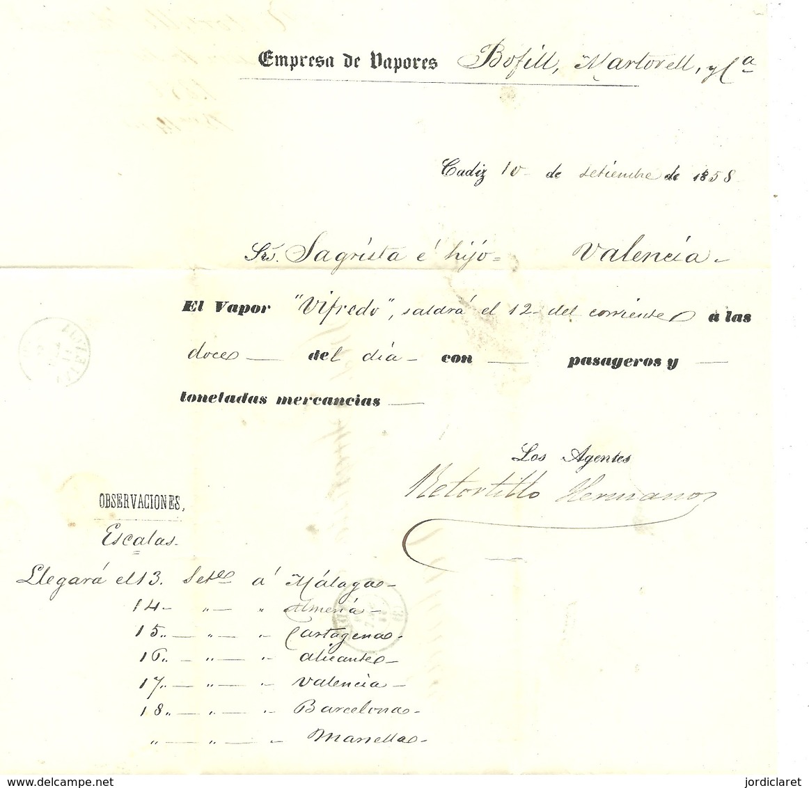 CARTA  1858  DE CADIZ A VALENCIA  POR EL VAPOR VIFREDO  VARIAS ESCALAS - Cartas & Documentos