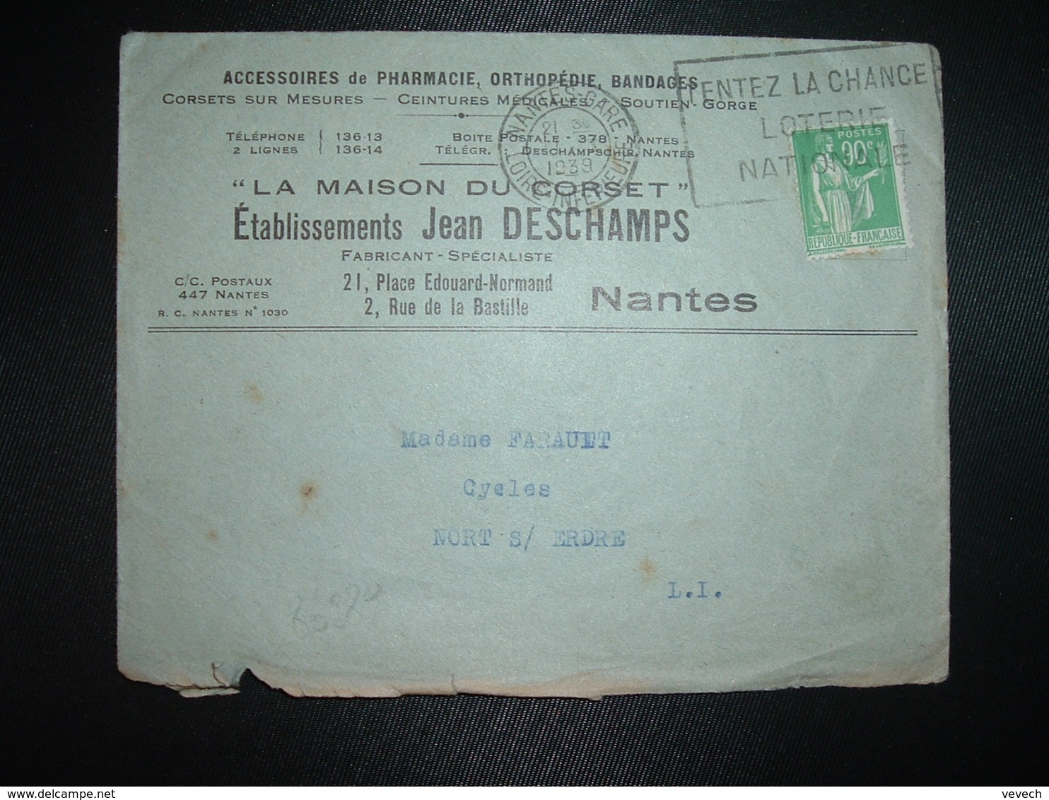 LETTRE TP PAIX 90c OBL.MEC.31 I 1939 NANTES GARE (44) LA MAISON DU CORSET Ets Jean DESCHAMPS ACCESSOIRES DE PHARMACIE - 1921-1960: Modern Period