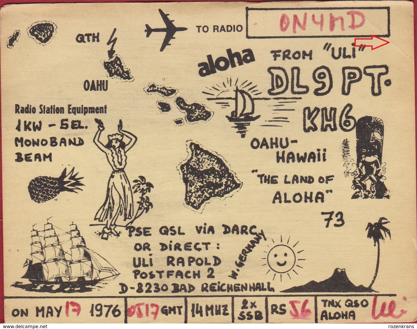 QSL Card Amateur Radio Station Funkkarte OAHU  Hawai Hawaii ALOHA Bad Reichenhall 1976 - Amateurfunk