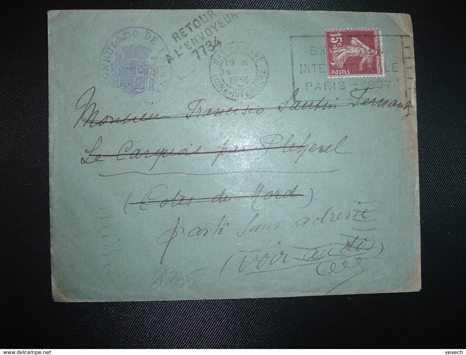 LETTRE TP SEMEUSE 15c OBL.MEC.19 V 1936 NANTES GARE (44) CONSULADO DE ESPANA + RETOUR 7734 (PLEHEREL COTES DU NORD 22) - 1921-1960: Période Moderne