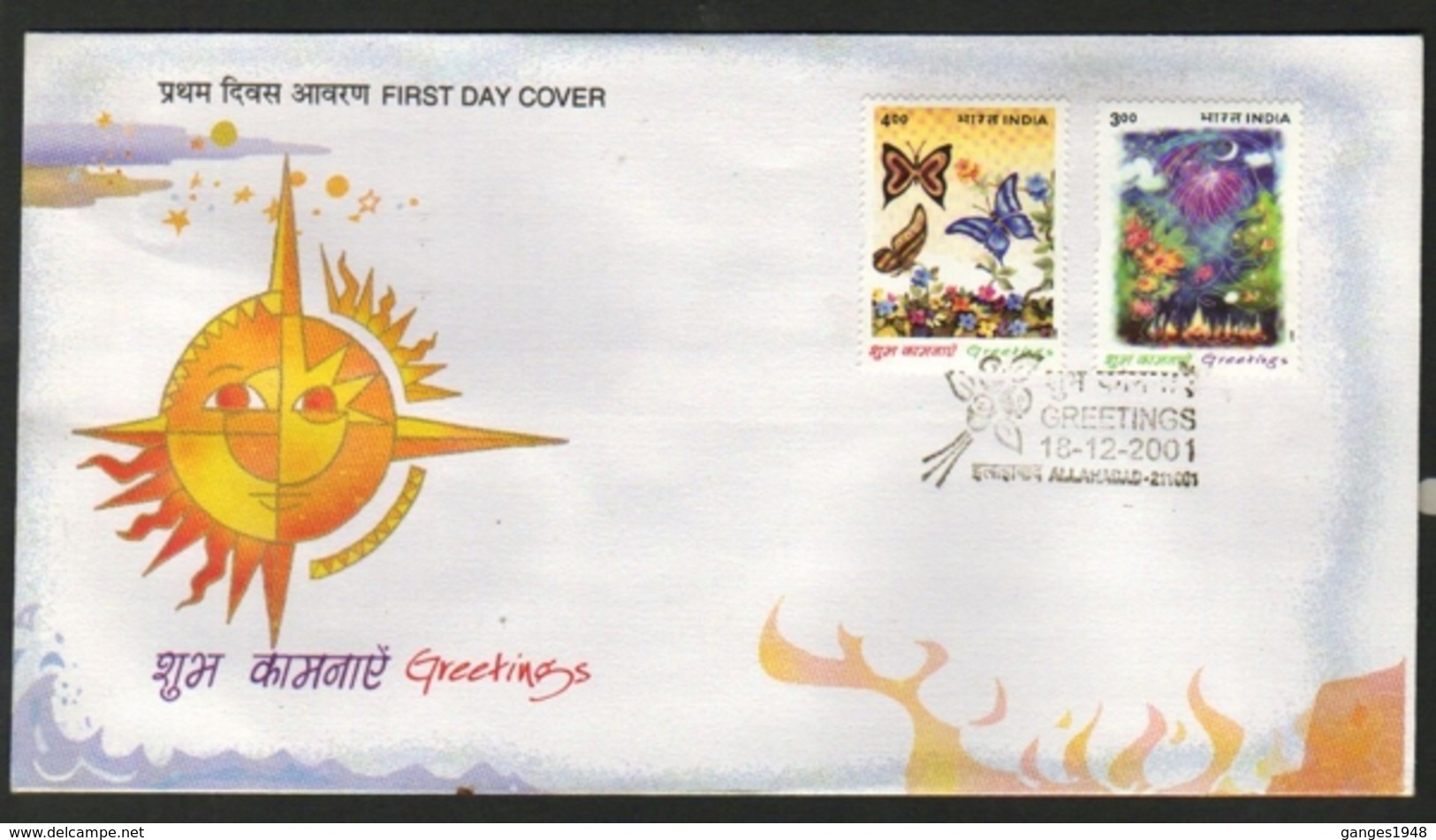 India  2001 Butterflies Stamp 2v Greetings First Day Cover  # 20030  D  Inde Indien - Papillons