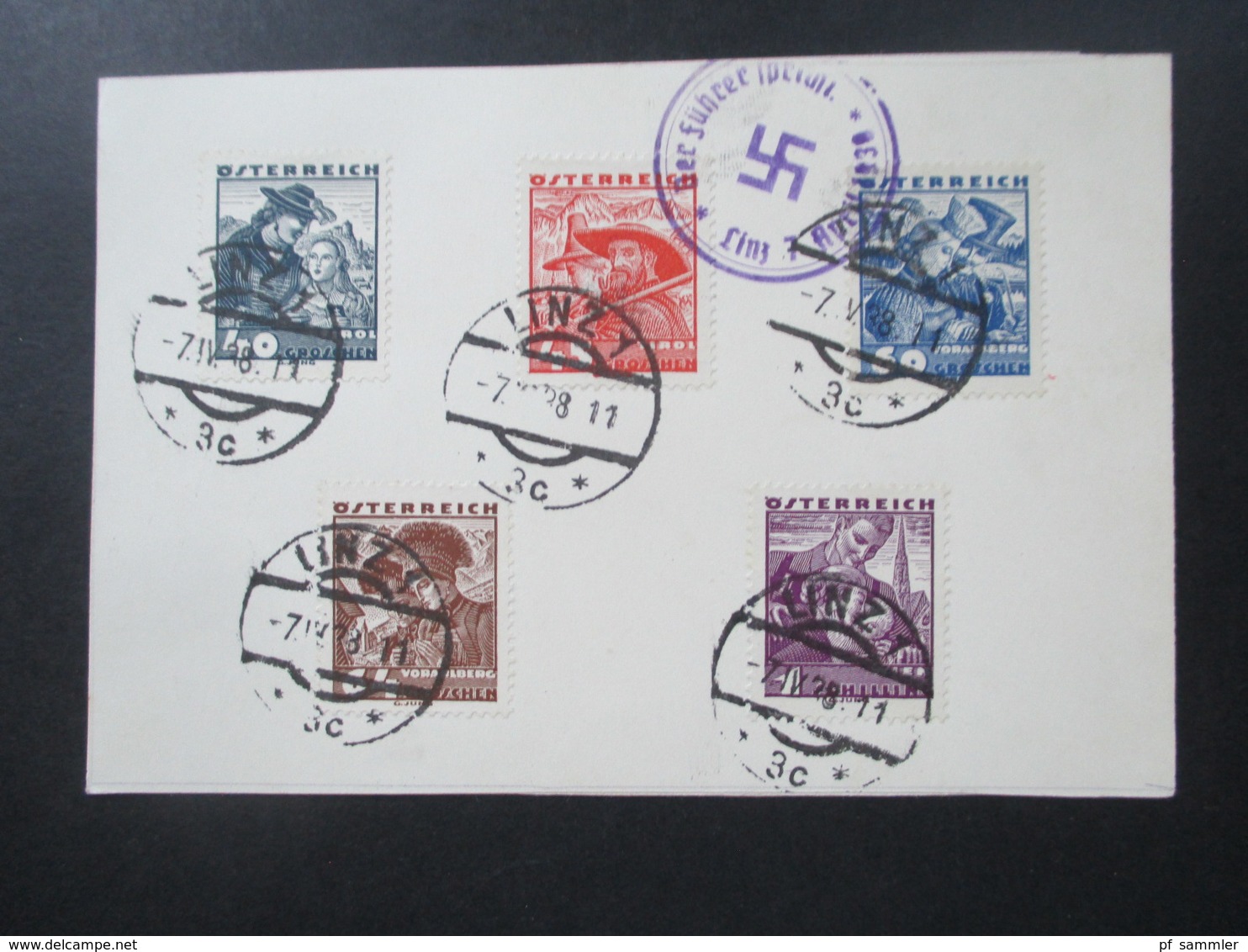 Österreich 1934 Volkstrachten 5 Werte Sonderkarte SST Der Führer Spricht Linz 7. April 1938 Besetzte Ostmark Propaganda - Covers & Documents