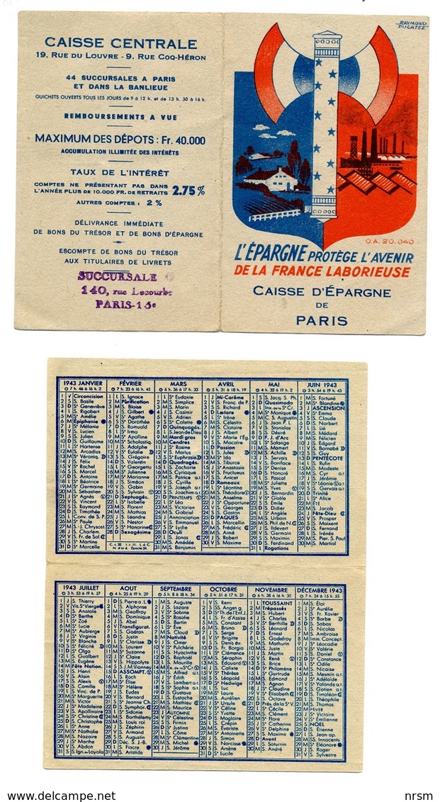 Calendrier 1943 - Caisse D'Epargne (propagande Gouvernement De Vichy - Pétain) / Rare - Petit Format : 1941-60