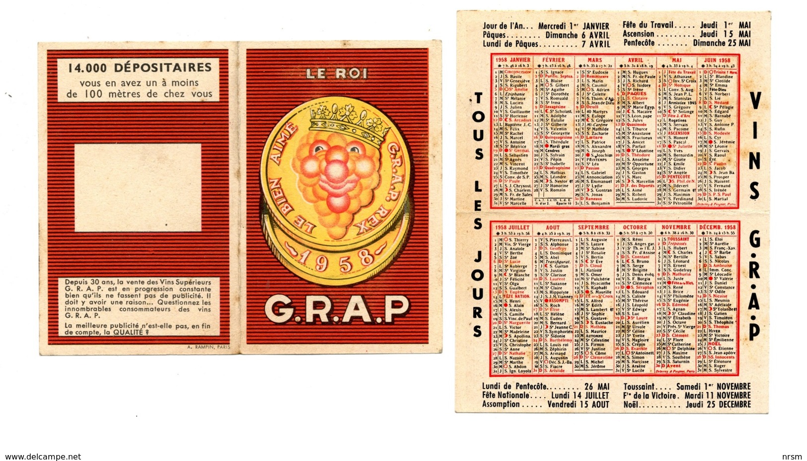 Calendrier 1958 - Vins GRAP (G.R.A.P.) - Petit Format : 1941-60