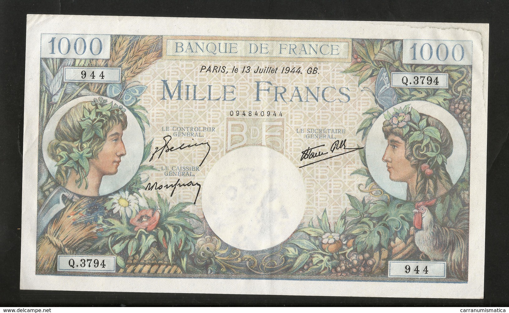 FRANCE - BANQUE De FRANCE - 1000 Francs COMMERCE ET INDUSTRIE ( 13 - JUILLET - 1944 GB. ) - 1 000 F 1940-1944 ''Commerce Et Industrie''