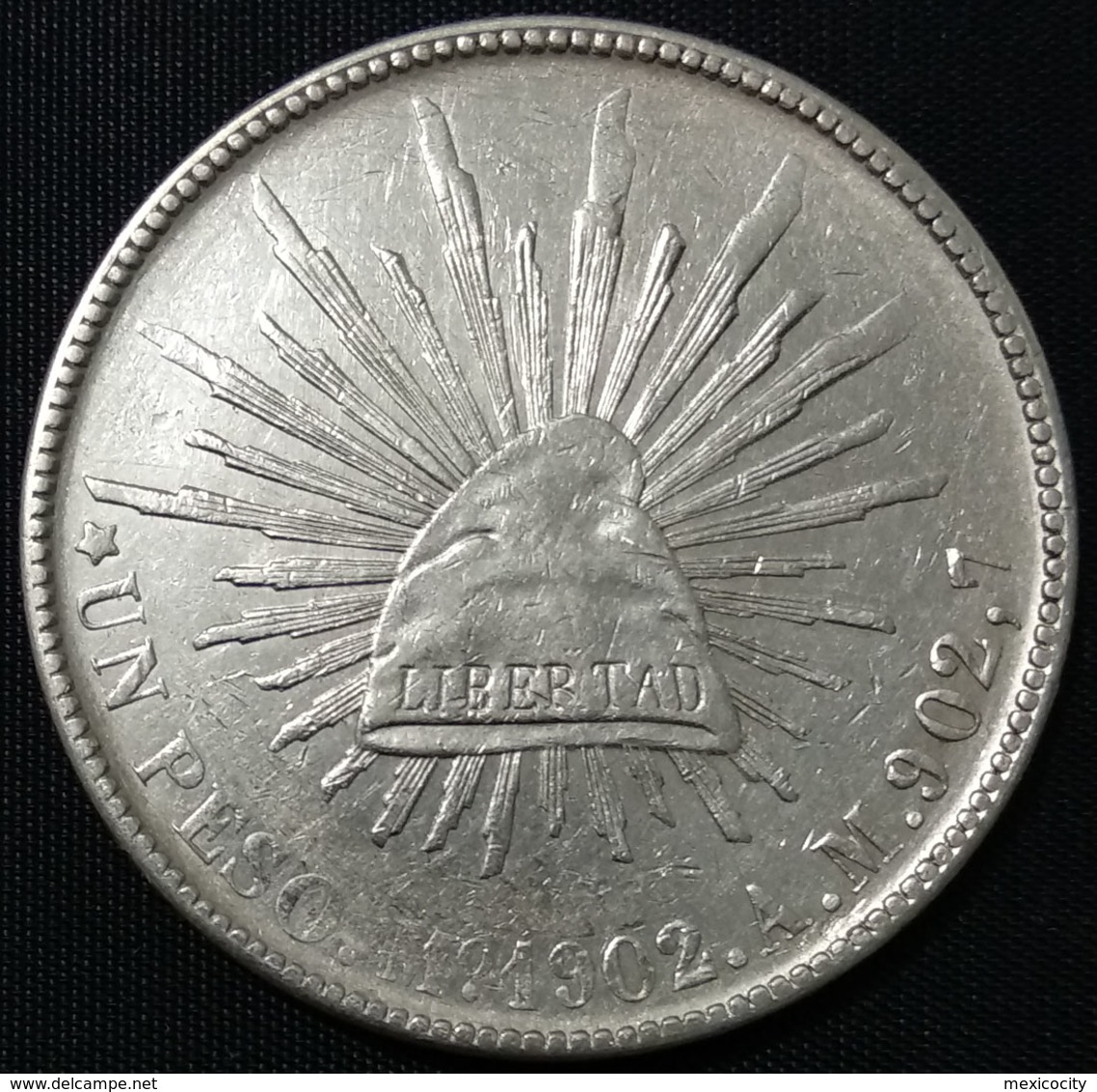 MEXICO 1902 $1 SHINING CAP "PESO FUERTE" Series Silver Coin, "Mexico City Mint, Assayer AM" Original Shine - Mexico
