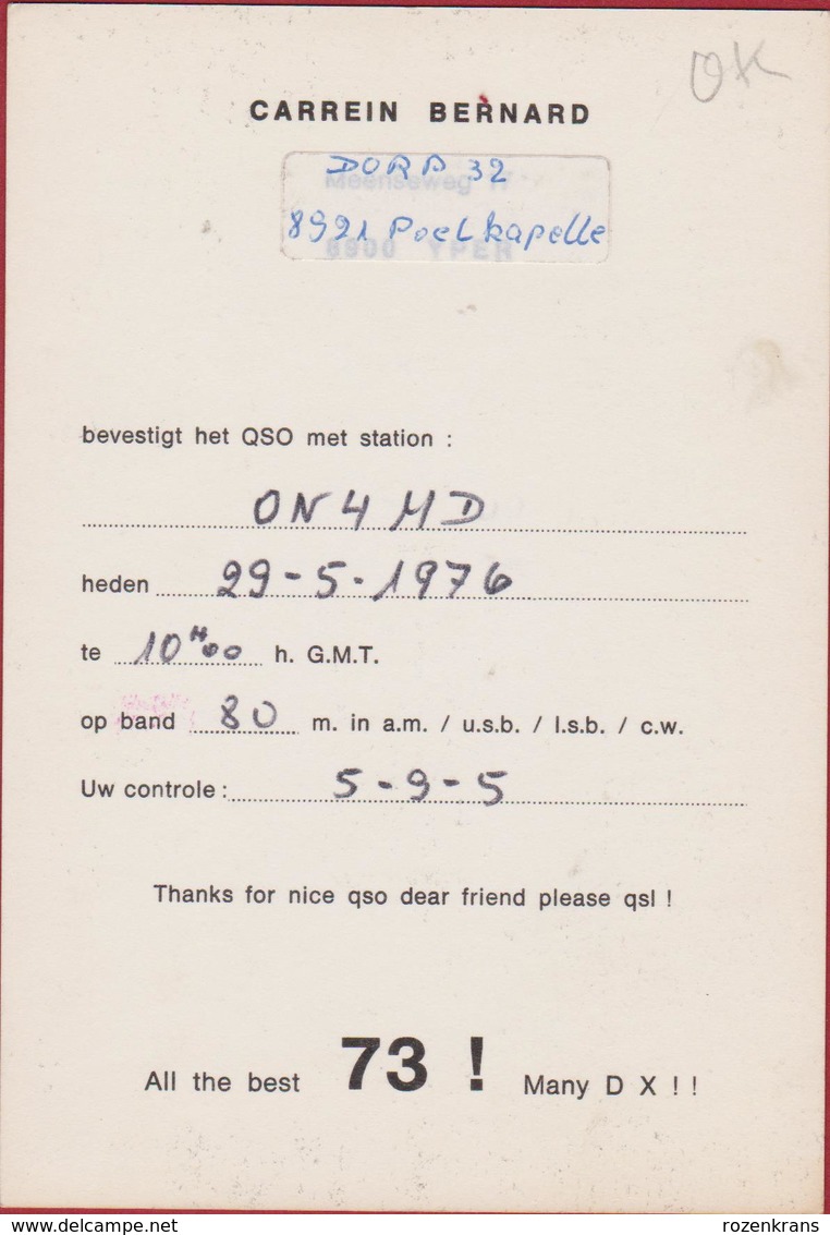 QSL Card Amateur Radio Station Funkkarte 1976 Menenpoort Ieper WW1 WWI Memorial Poelkapelle - Amateurfunk