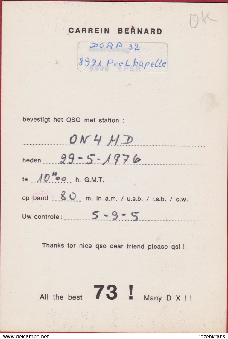QSL Card Amateur Radio Station Funkkarte 1976 Menenpoort Ieper WW1 WWI Memorial Poelkapelle - Radio Amateur