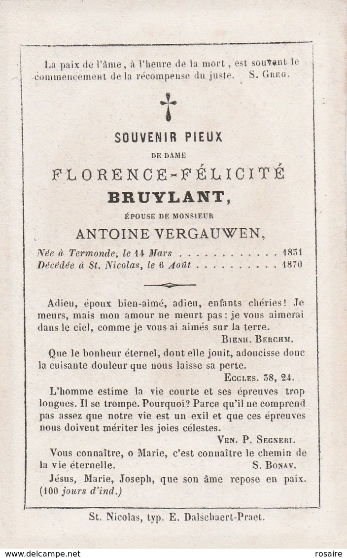 Florence Félicité Bruylant-dendermonde 1834-st.niklaas1870 - Images Religieuses