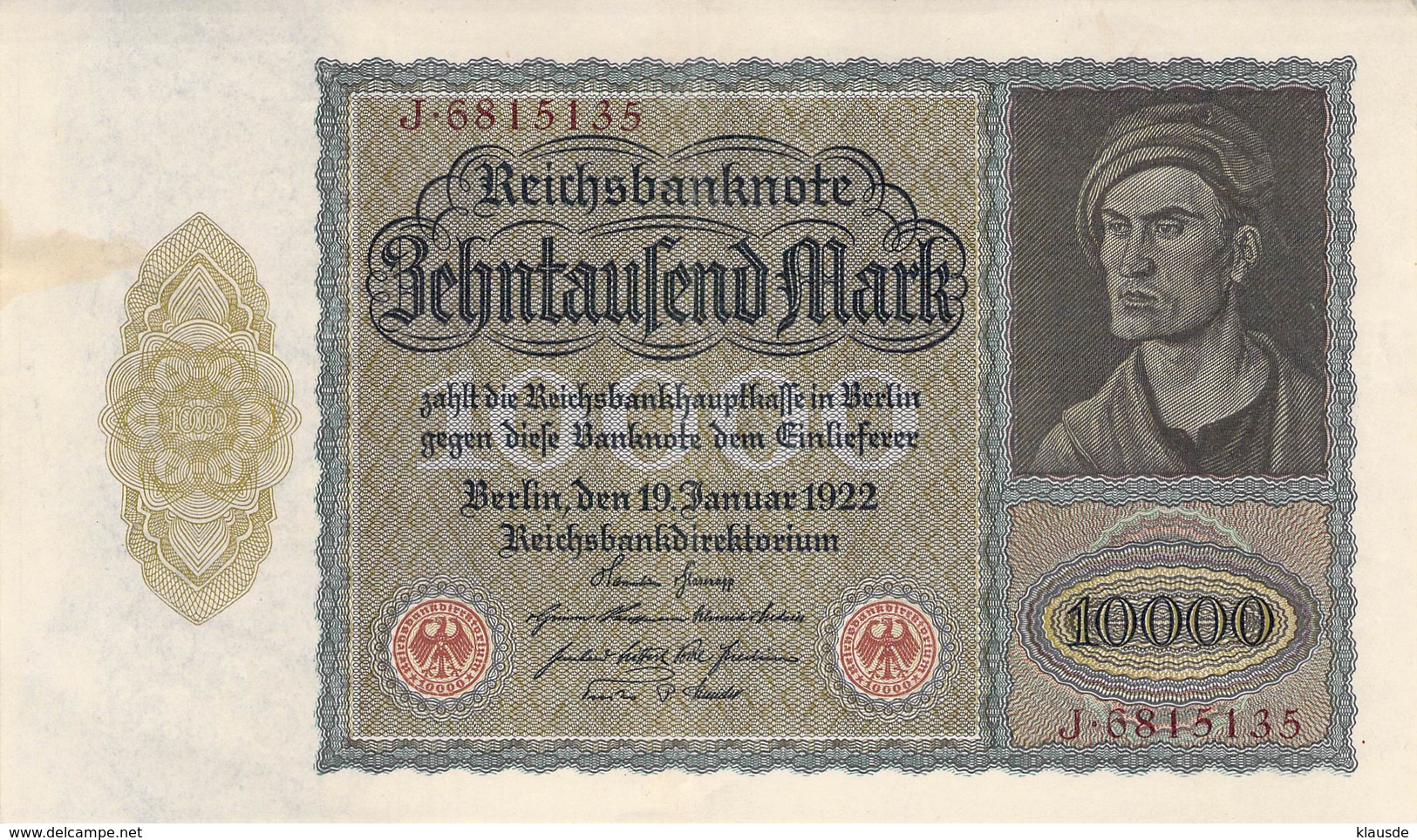 10.000 Mark Reichsbanknote VF/F (III) (Großformat) - 10.000 Mark