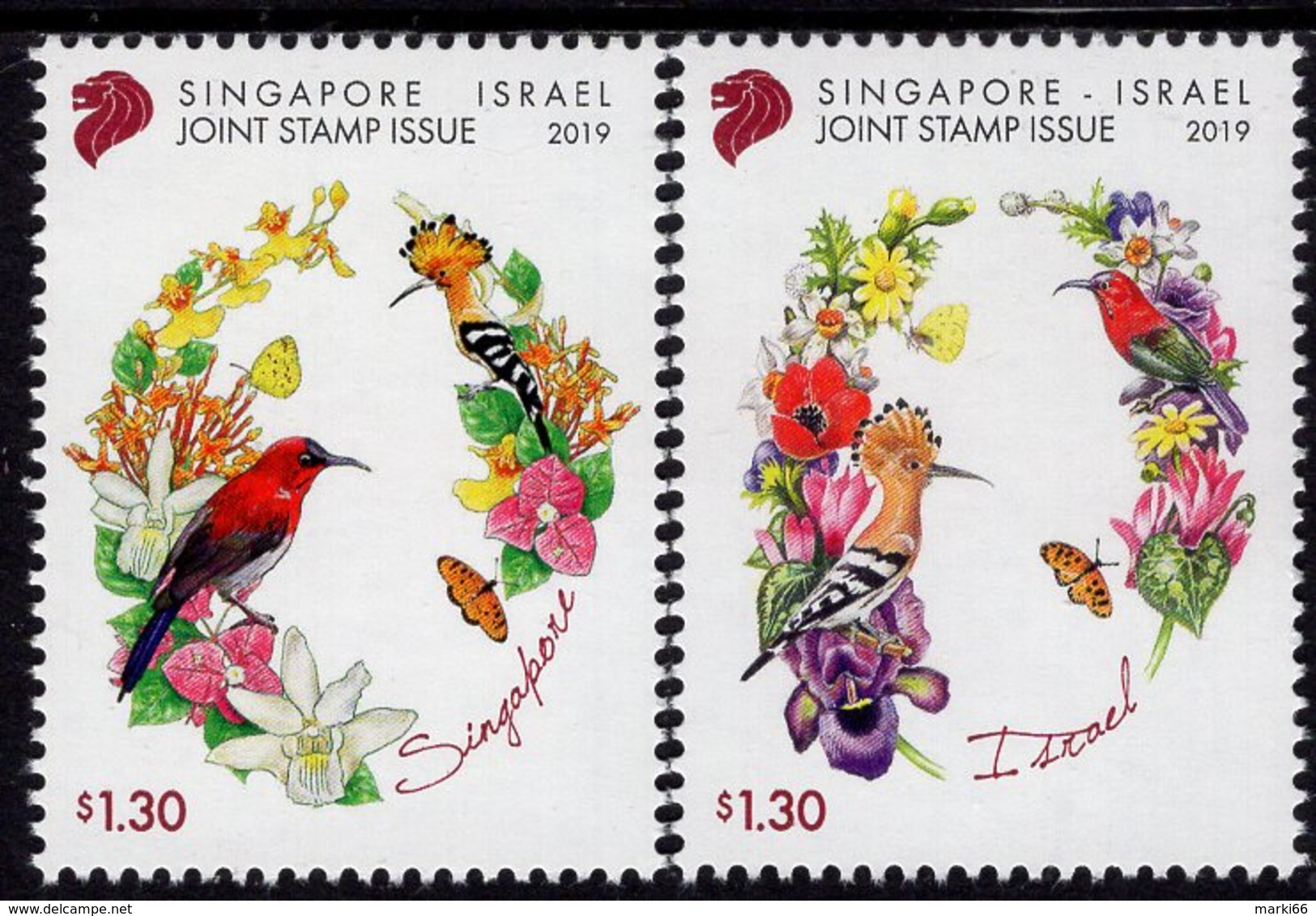 Singapore - 2019 - Birds And Flowers - Joint Issue With Israel - Mint Stamp Set - Singapore (1959-...)