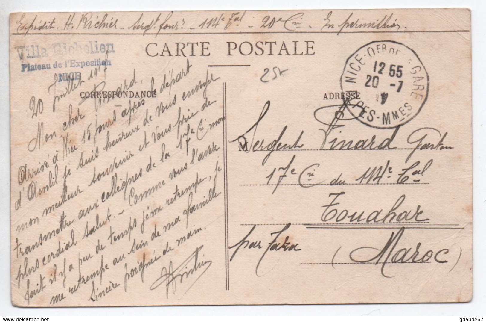 1917 - CP FM Avec CACHET De La VILLA RICHELIEU / PLATEAU DE L'EXPOSITION à NICE (ALPES MARITIMES) - WW I