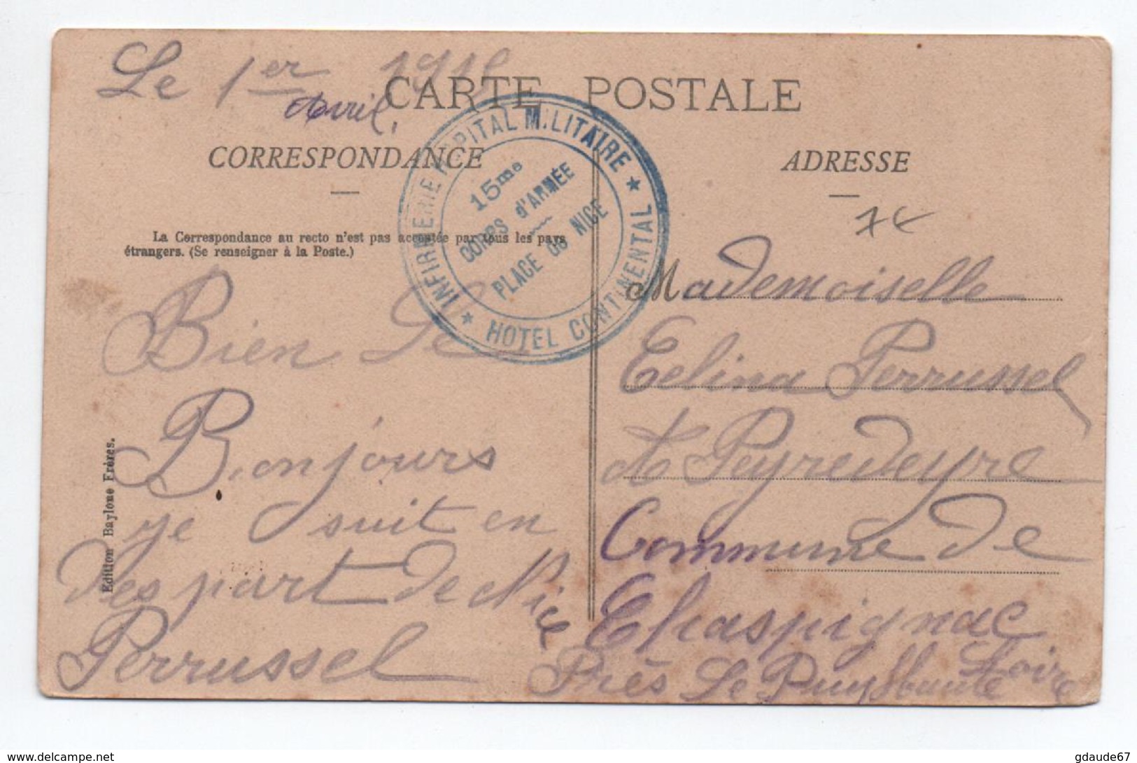 1915 - CP FM Avec CACHET INFIRMERIE HOPITAL MILITAIRE / HOTEL CONTINENTAL / PLACE DE NICE (ALPES MARITIMES) - WW I