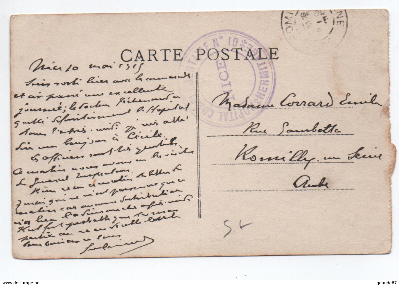 1915 - CP FM Avec CACHET HOPITAL COMPLEMENTAIRE N° 10 / HERMITAGE à NICE (ALPES MARITIMES) - WW I