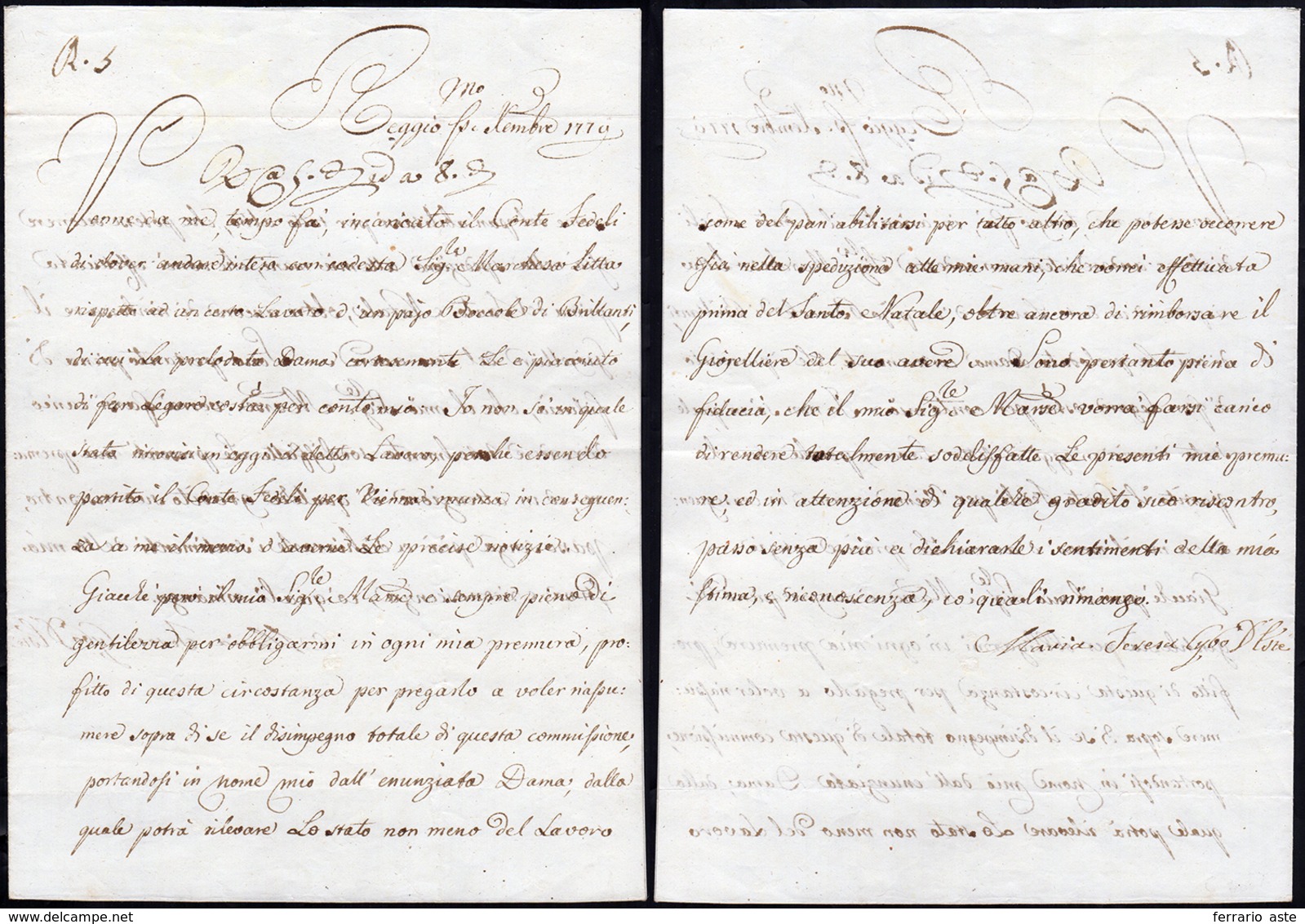 1779 - MARIA TERESA D'ESTE - Lettera A Firma Di Maria Teresa D'Este, Scritta A Reggio Nel Dicembre 1... - Sonstige & Ohne Zuordnung