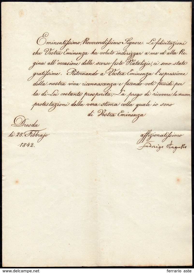 1842 - FEDERICO AUGUSTO DI SASSONIA - Lettera A Firma Di Federico Augusto Re Di Sassonia, Datata Dre... - Other & Unclassified
