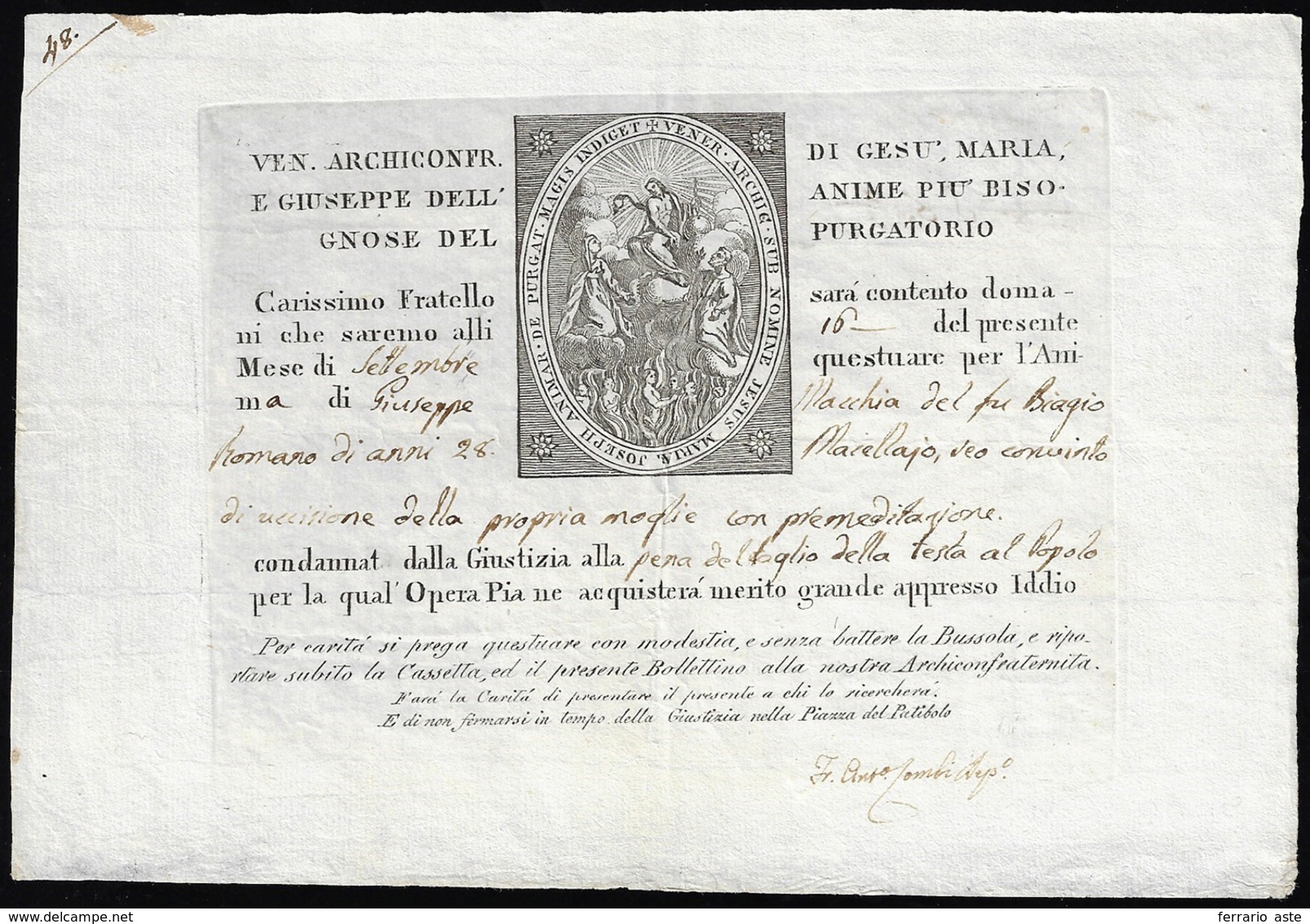 1850 Ca. - Biglietto Con Bella Stampa Per La Questua, A Favore Di Una Archiconfraternita, Per La Pre... - Other & Unclassified