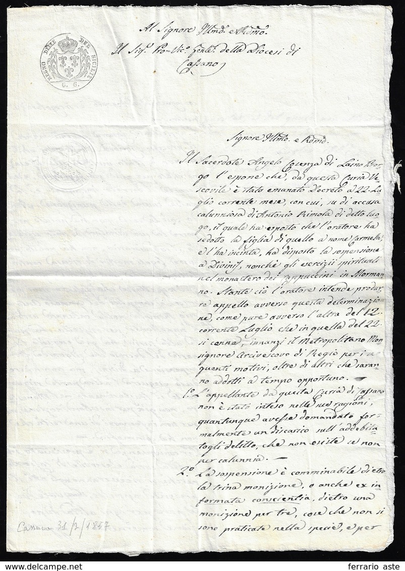 1857 - Carta Bollata Del Regno Delle Due Sicilie, In Cui Si Difende Un Sacerdote Dall'accusa Di Aver... - Other & Unclassified
