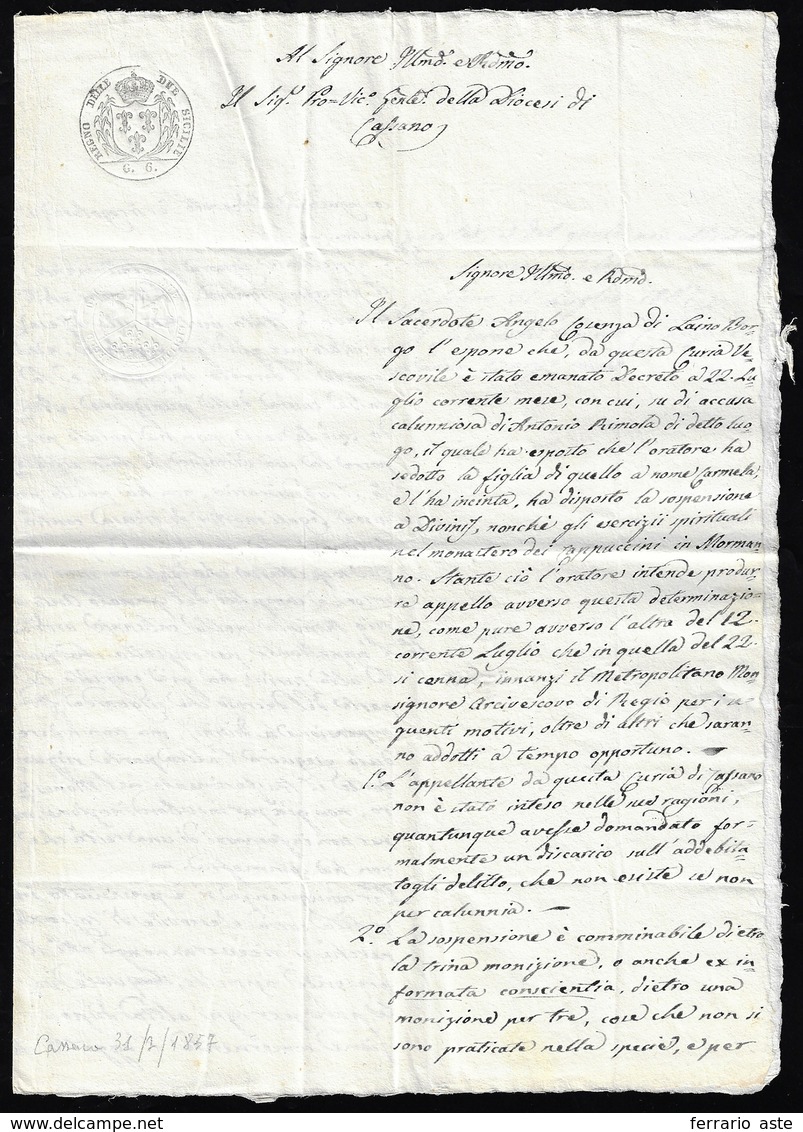 1857 - Carta Bollata Del Regno Delle Due Sicilie, In Cui Si Difende Un Sacerdote Dall'accusa Di Aver... - Altri & Non Classificati