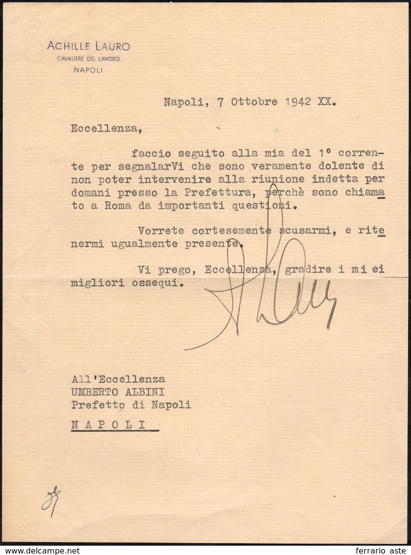 1942 - ACHILLE LAURO - Lettera Dattiloscritta Datata Napoli 7/10/1942 A Firma Di Achille Lauro, Arma... - Other & Unclassified