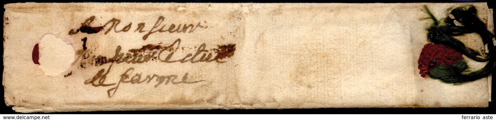 1650 Ca. - Minilettera, Dimensioni 8 X 3,5 Cm, Da Orsay (?) Con Sigillo Rosso In Ceralacca E Nastri ... - 1. ...-1850 Prefilatelia