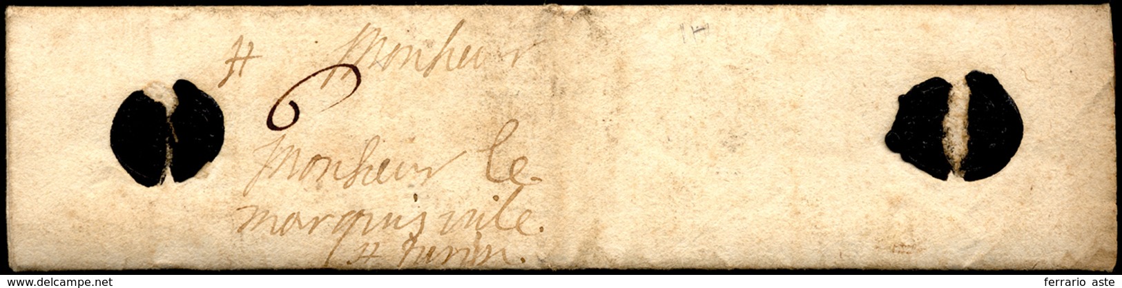 1650 Ca. - Piccola Lettera, Completa Di Testo, Con Due Sigilli Di Ceralacca Neri E Segno "6" Sul Fro... - 1. ...-1850 Prefilatelia