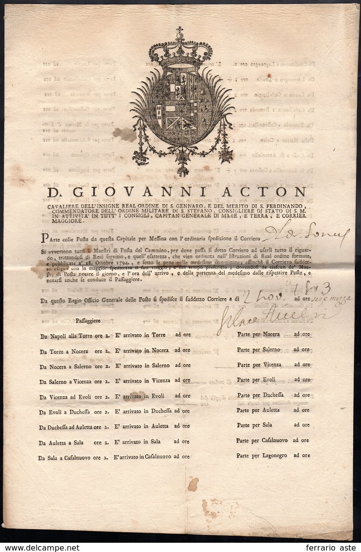 1803 - Foglio Di Viaggio Del Corriere Ordinario Da Napoli Per La Sicilia Del 2/11/1803. All'interno ... - 1. ...-1850 Prephilately