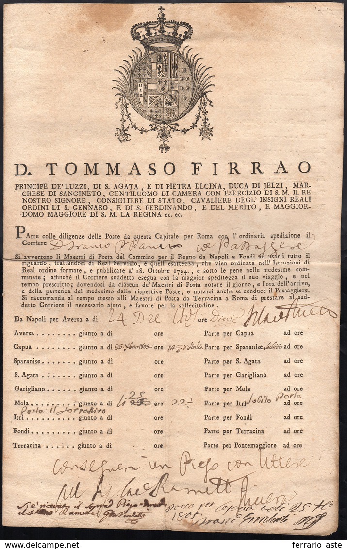 1805 - Foglio Di Viaggio Del Corriere Da Napoli A Roma Del 24/12/1805, Con L'indicazione Delle Tappe... - ...-1850 Préphilatélie