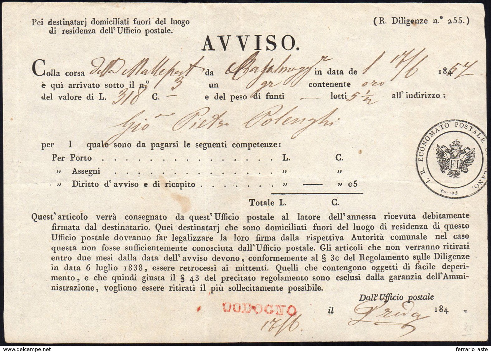 1857 - Avviso Per Un Gruppo Contenente Oro Con La Corsa Della Malleposta Da Casalmaggiore 17/6/1857 ... - Lombardy-Venetia