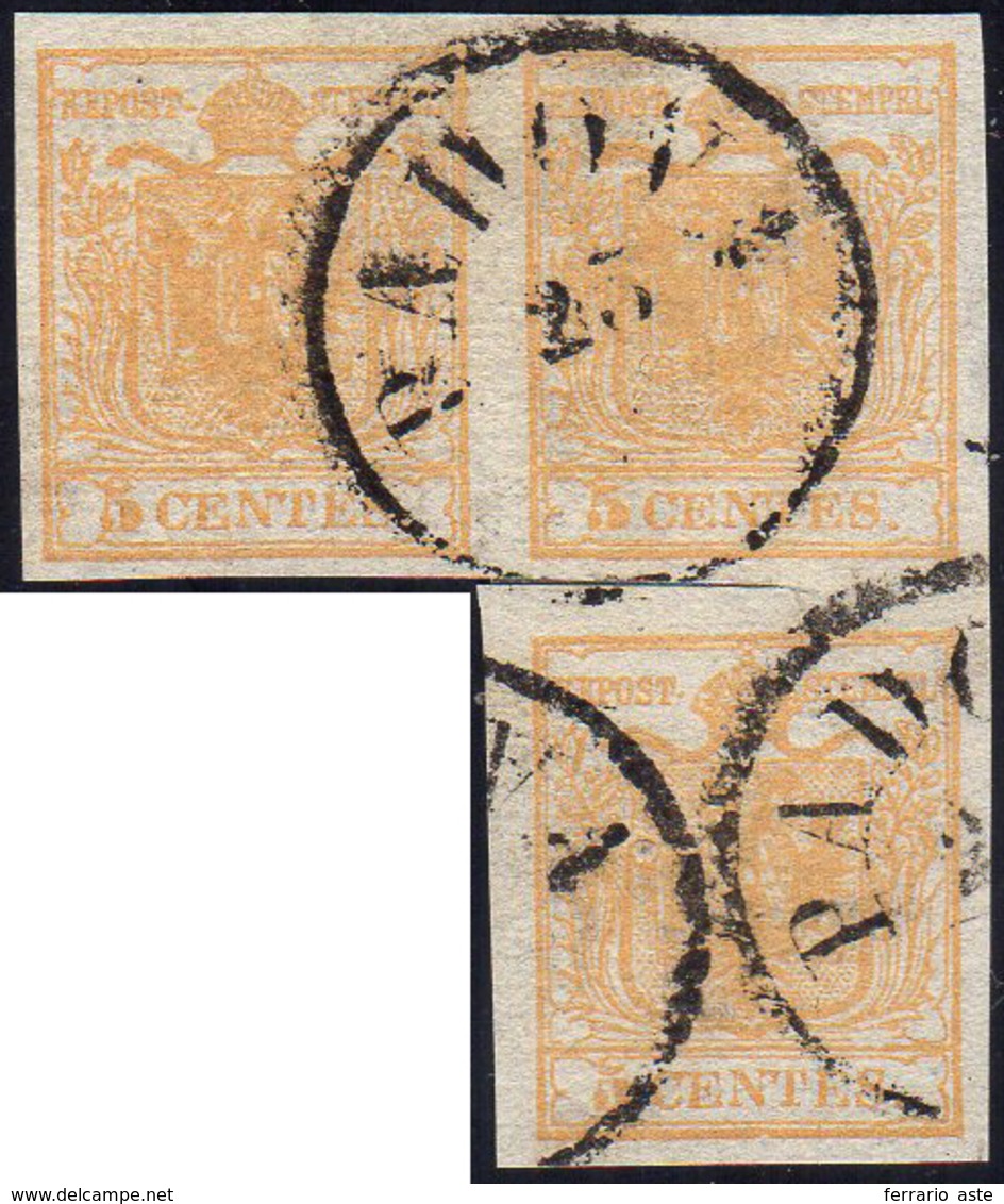 1850 - 5 Cent. Giallo Ocra (1), Striscia Di Tre A Seggiola, Perfetta, Usata A Padova. Cert. E.Diena.... - Lombardy-Venetia