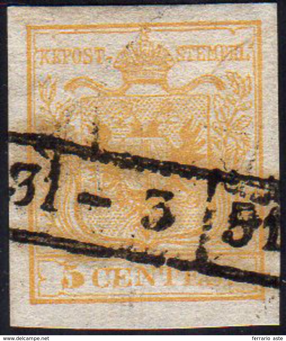 1850 - 5 Cent. Giallo, I Tiratura (1a), Usato, Perfetto. Cert. E.Diena.... - Lombardy-Venetia